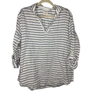Baird McNutt Murano Linen Popover Blouse Women Size XL Blue White Coastal Beachy